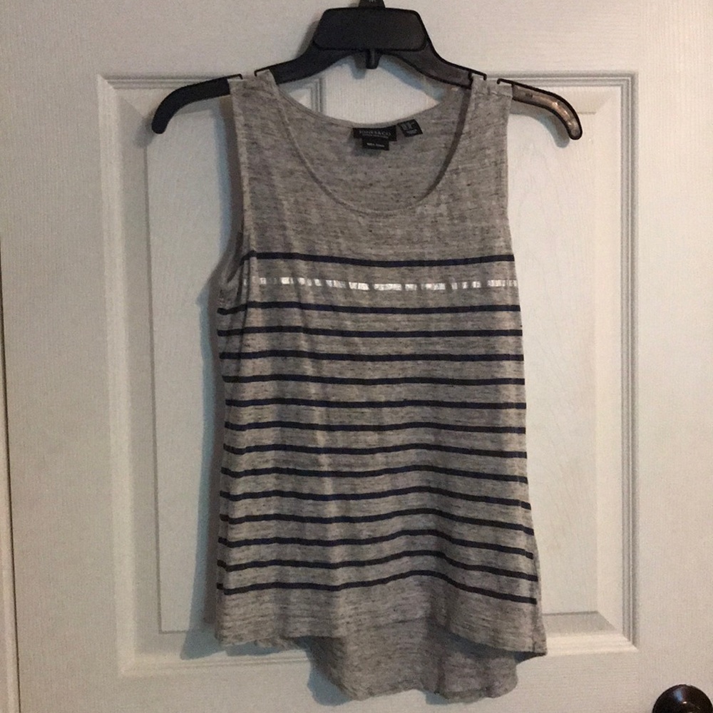 Gray tank with navy blue and silver stripe